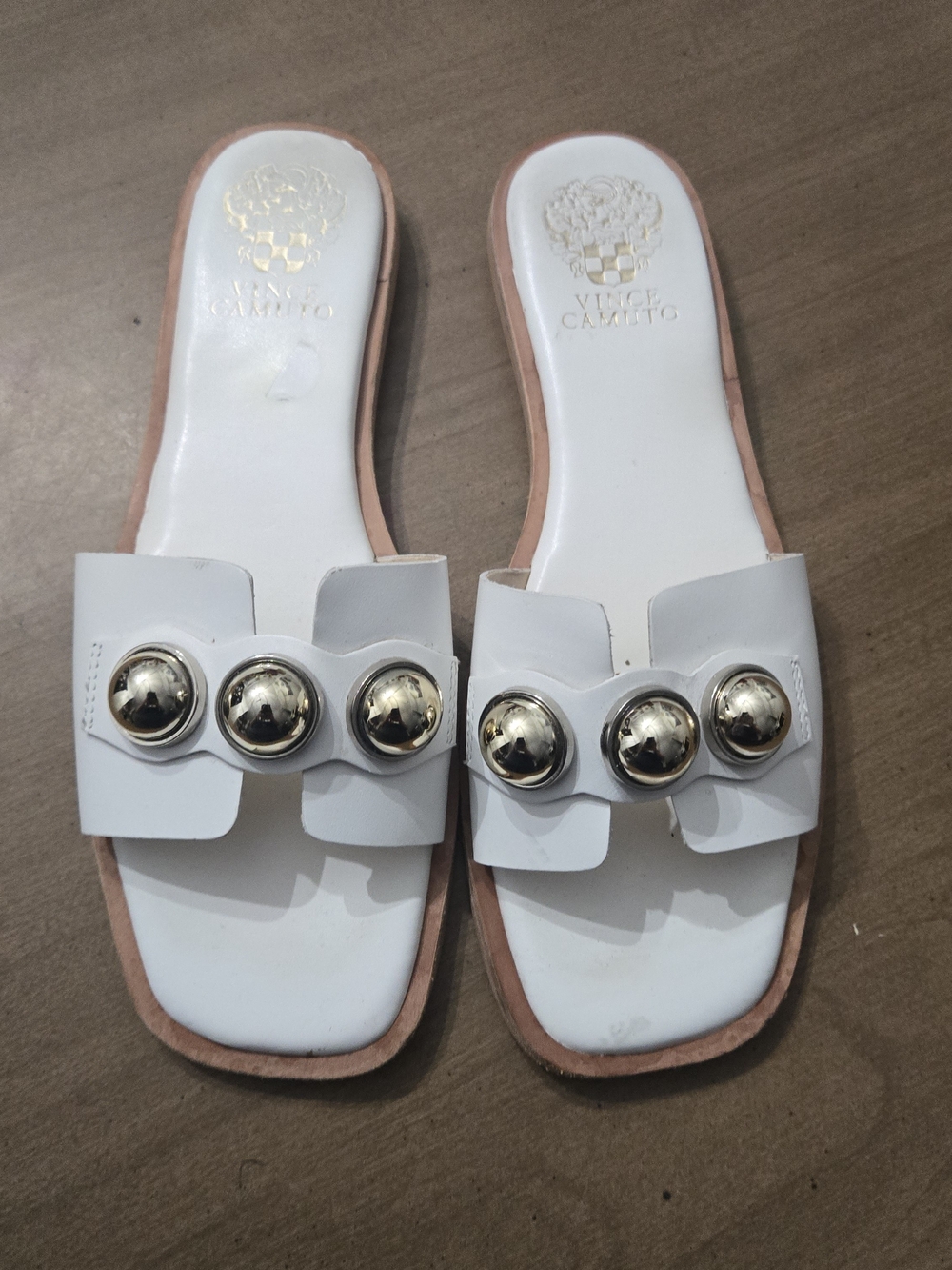 Vince Camuto White Slide Sandals with Gold Orb Studs
